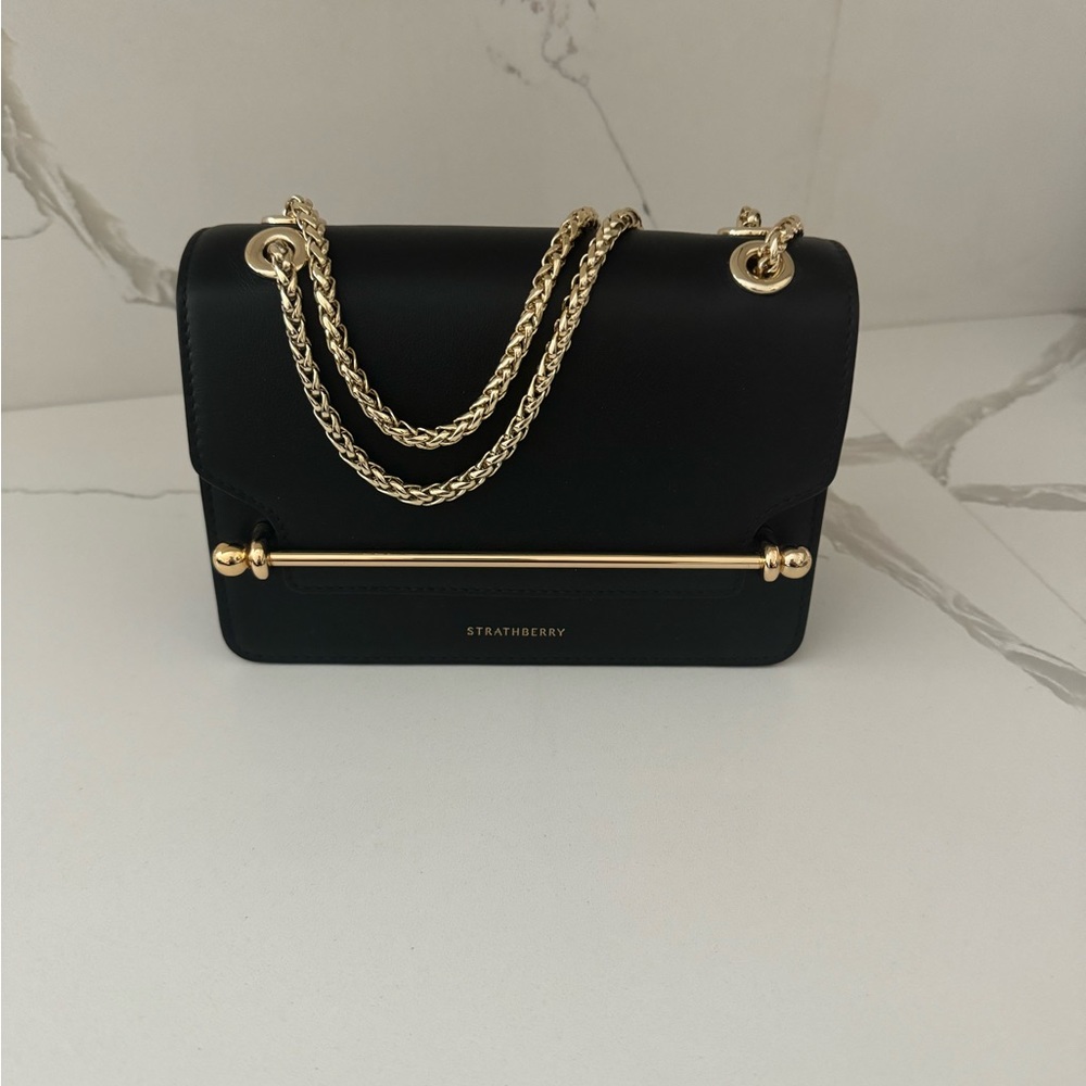 Strathberry Black Leather Shoulder Bag with Gold Hardware